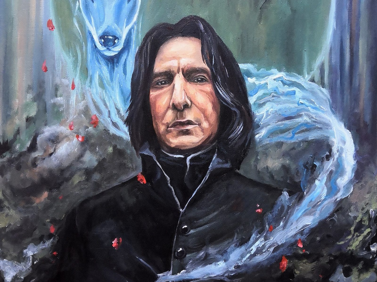 Severus Snape olejomaľba na plátn eso srnkou a elixírom.